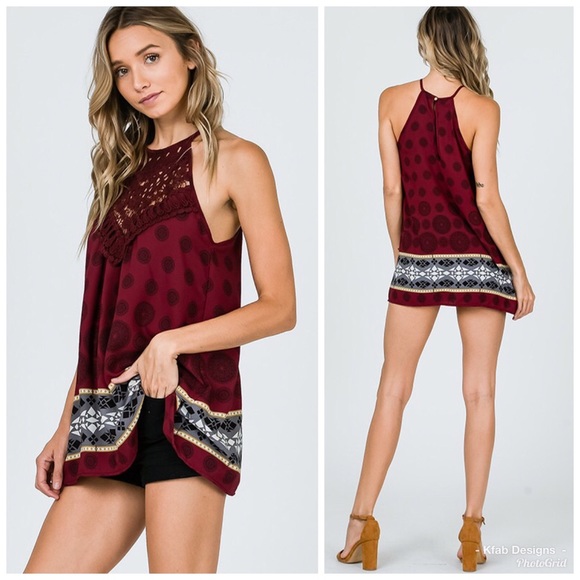 💕Wine Crochet/Lace Detail Halter Style Tunic! - Picture 3 of 8